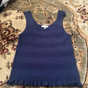 Navy Blue Sleeveless Ribbed Tank Top with Ruffled Hem